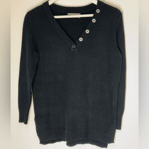 Anthropologie Black Knit Sweater Button Shoulder V-Neck Pullover Size XS